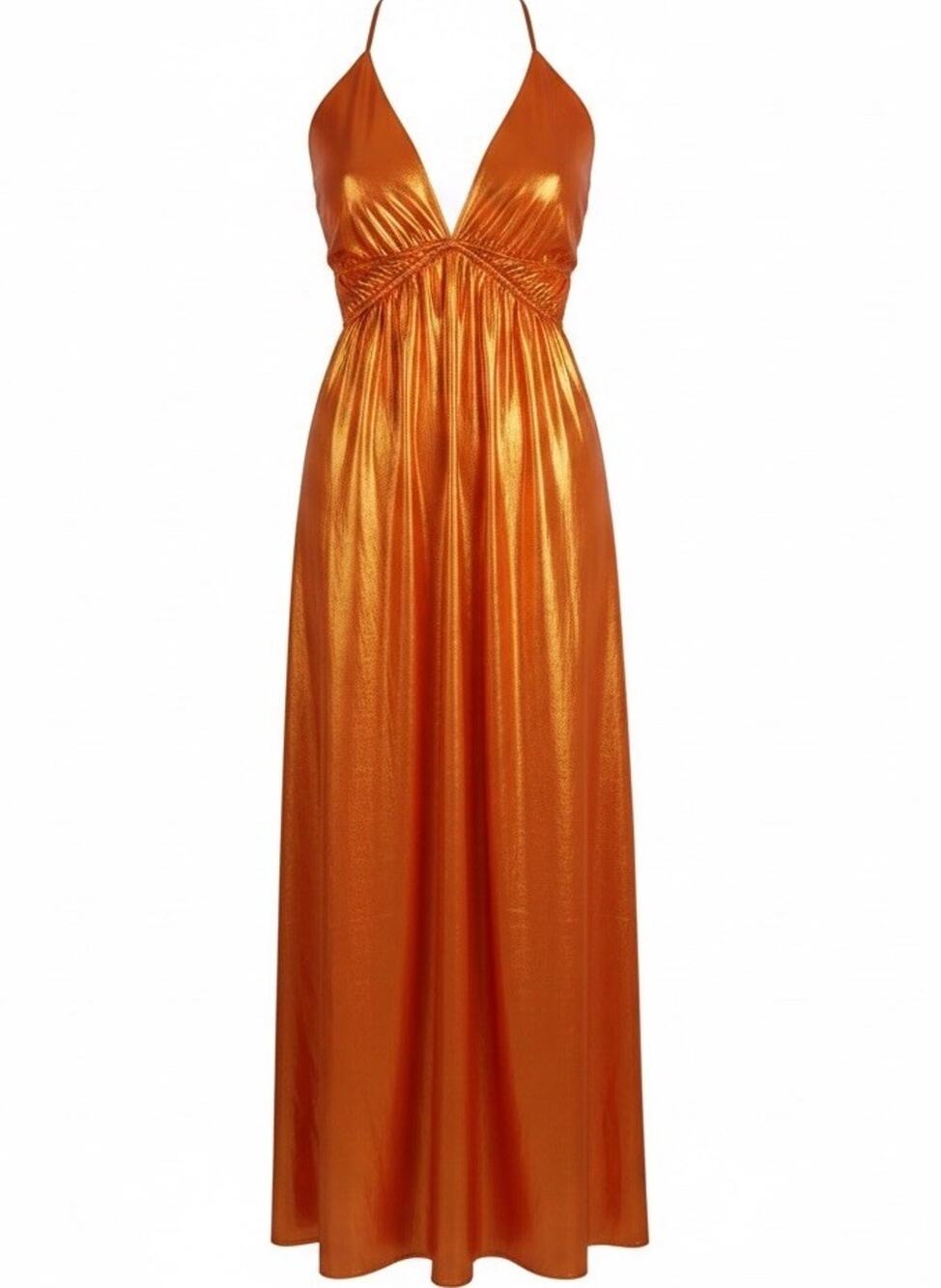 Anthropologie Shine Maxi Dress Orange Metallic Plunging V-Neck Sexy Club Retro L